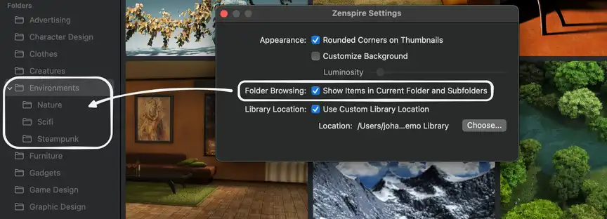 Zenspire 'Show Items in Subfolders' setting